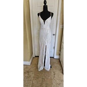 NWT Love & Lemonade White Sequin Strapless Long Formal Gown Sexy Side Slit Large